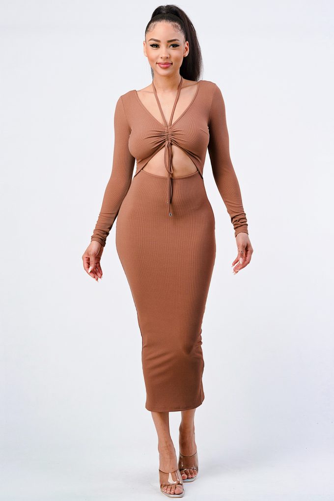 Trendy Front Shirring Cut-out Long Sleeved Dress-Mocha