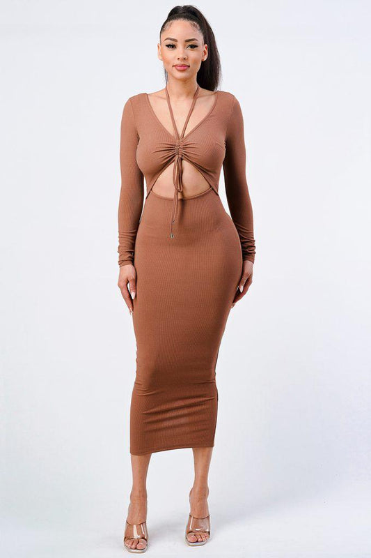 Trendy Front Shirring Cut-out Long Sleeved Dress-Mocha