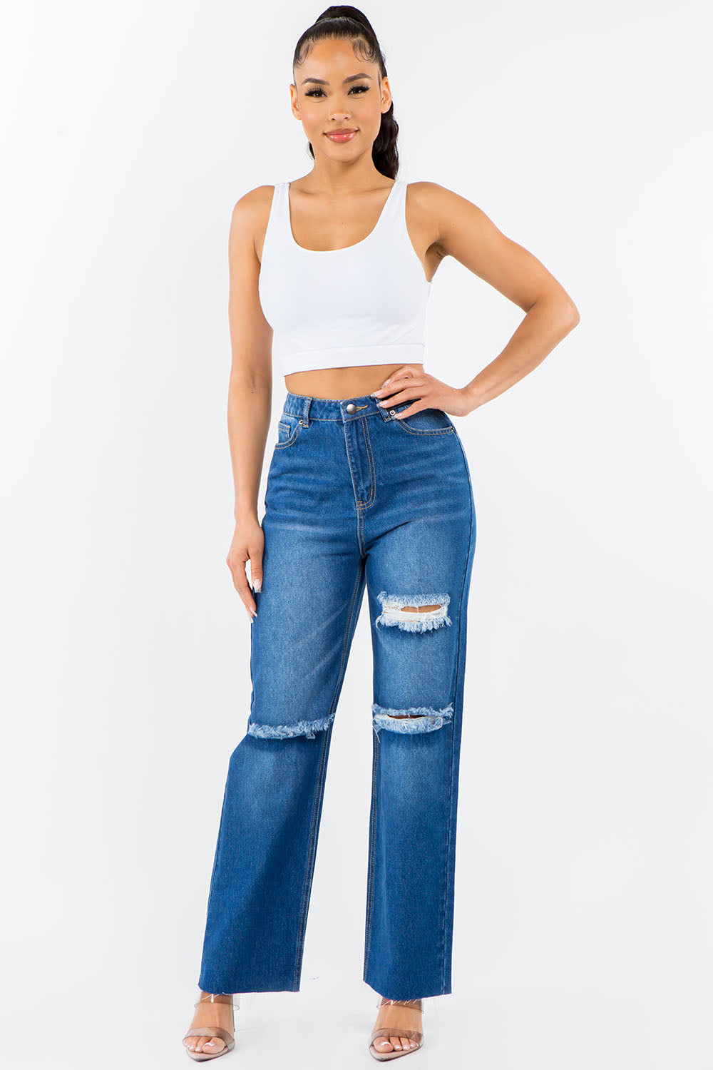 High Waist Distressed Wide Leg Jeans with Raw Hem and Stretch Denim for a Fashion-Forward Look