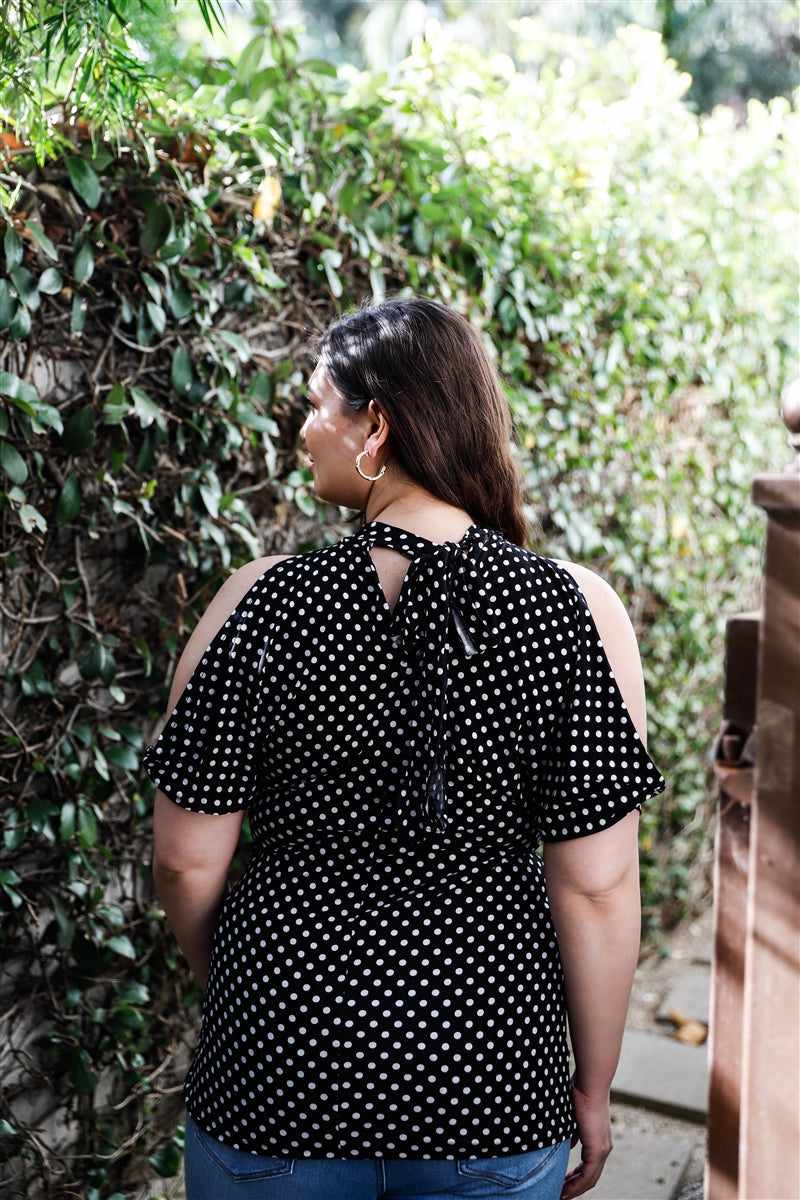 Plus size black polka dot cold shoulder blouse with back self-tie detail, perfect for a chic and casual look.