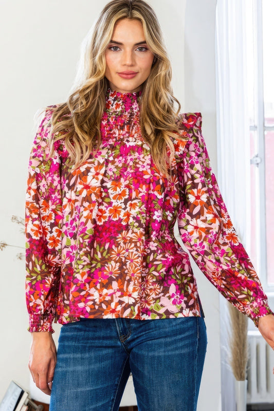 Trendy Women's Dark Pink Floral Mock Neck Blouse