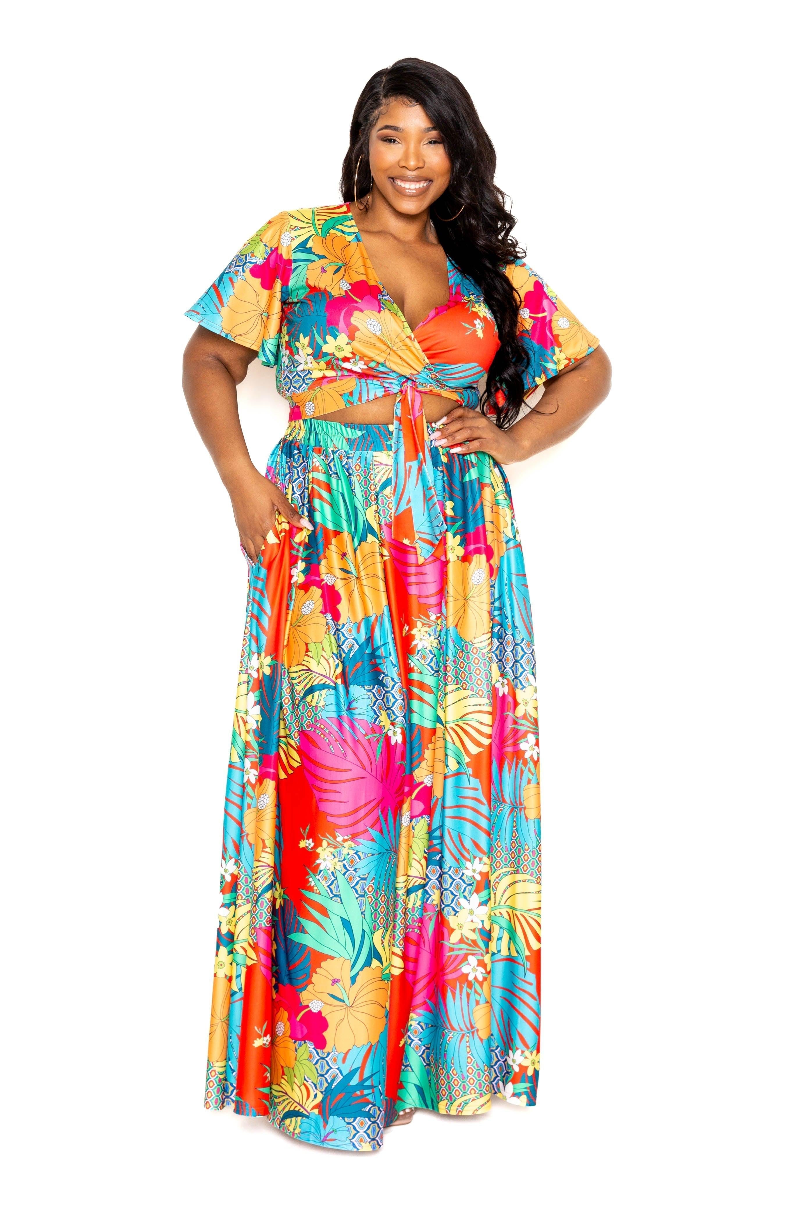 Tropical floral plus size maxi skirt and top set with vibrant multi-colored design, available in sizes 1XL to 3XL.