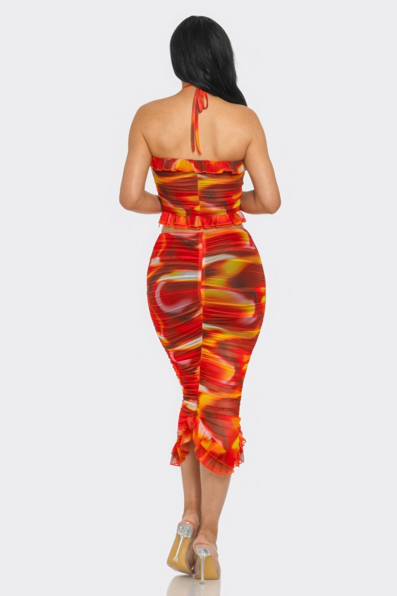 Tropical Waters Print Mesh Ruffle Halter Skirt Set in vibrant orange with ruched detailing and ruffle trim, beach-ready fashion.