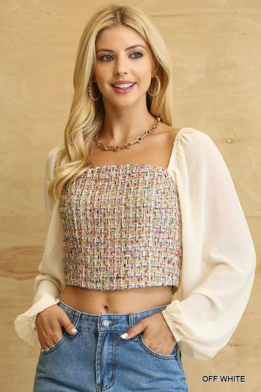 Tweed Bodice And Chiffon Square Top With Back Zipper-Off White