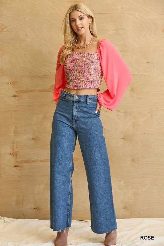 Tweed Bodice And Chiffon Square Top With Back Zipper-Rose