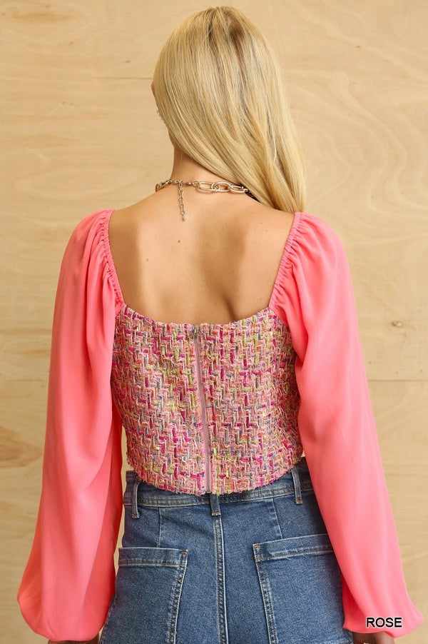 Tweed Bodice And Chiffon Square Top With Back Zipper-Rose