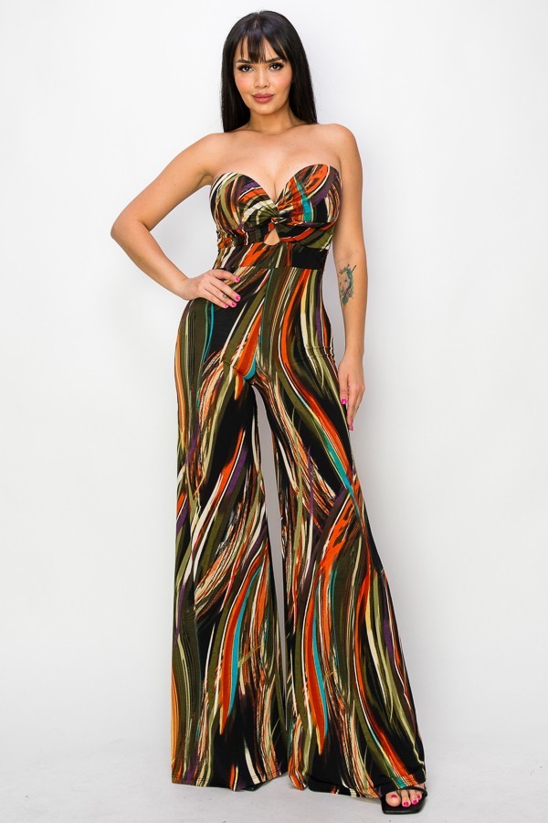 Strapless brown and green marble print wide leg jumpsuit with twist front detail, high stretch fabric, and true to size fit.