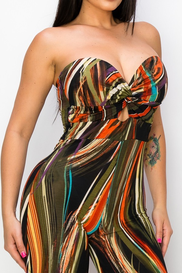 Strapless twisted marble print wide leg jumpsuit in brown and green with high stretch fabric.