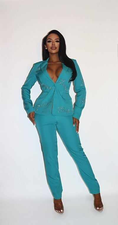 Two-Piece Power Suit Blazer With Rhinestone Letterings-Jade