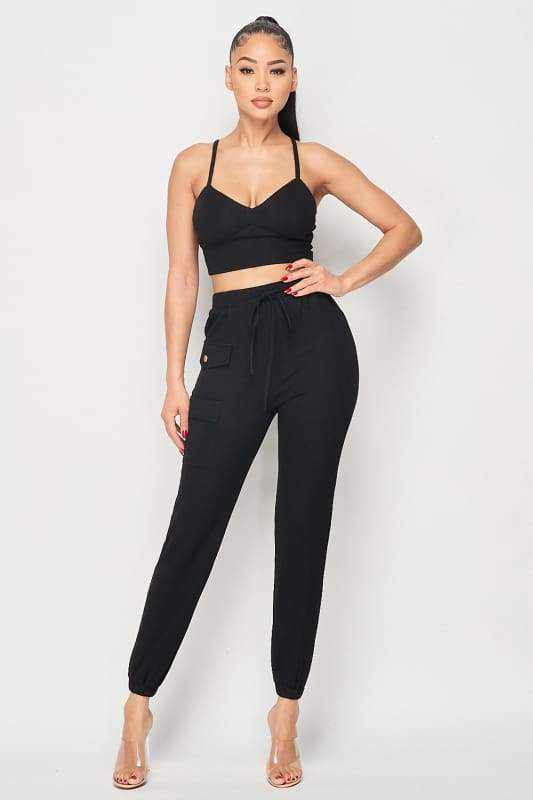 Stylish black two-piece set with ribbed cropped cami and joggers, perfect for a chic and comfy look, 95% polyester, 5% spandex.