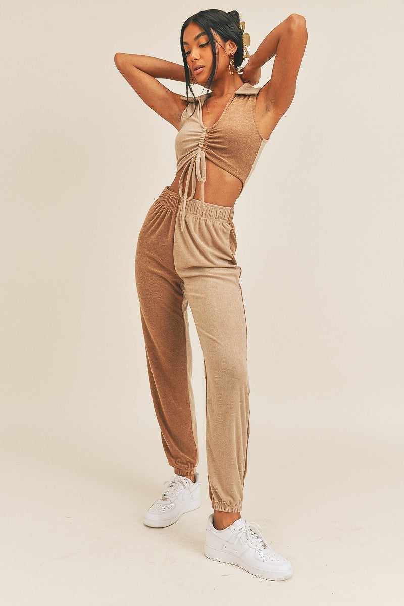 Two-tone Color Two-piece Set-Camel/Taupe