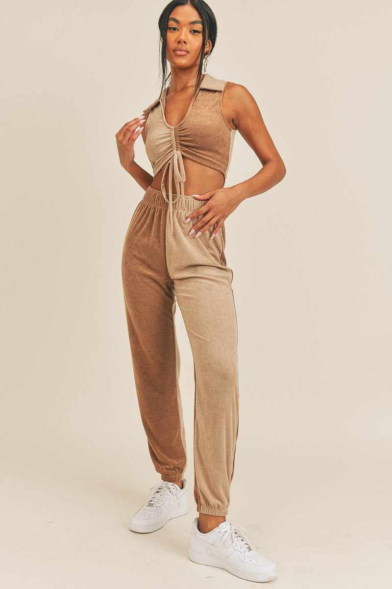 Two-tone Color Two-piece Set-Camel/Taupe