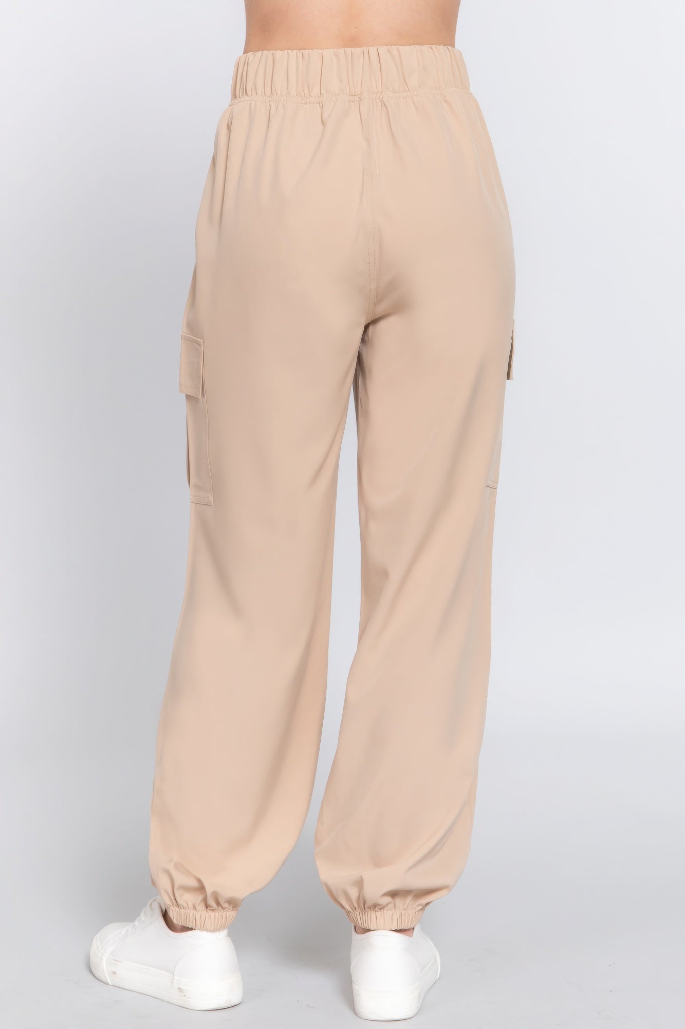 beige lightweight stretch cargo jogger pants with modern silhouette and utility pockets for everyday casual wear