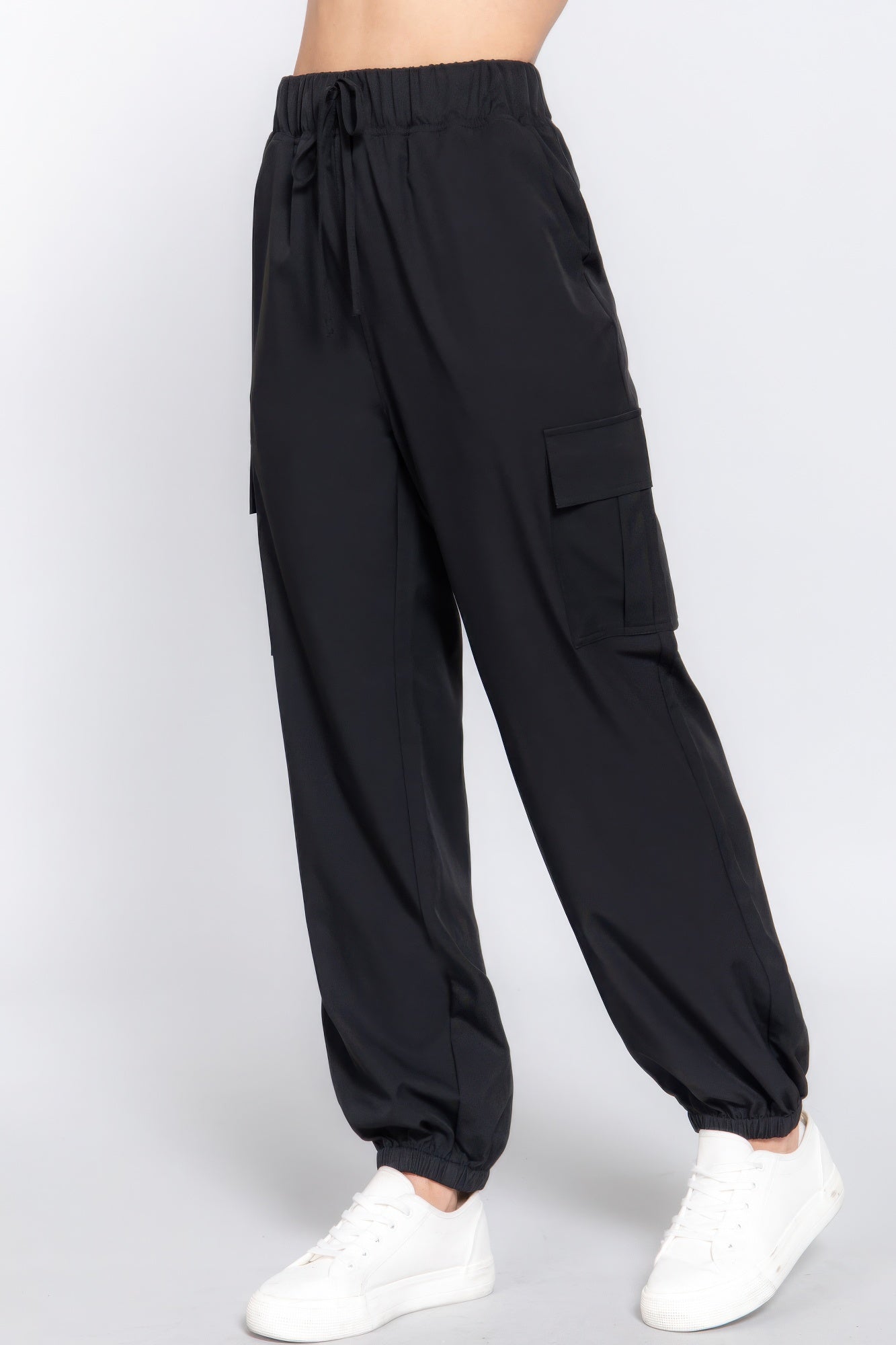 Lightweight stretch cargo jogger pants with trendy pockets, versatile in black for casual comfort and style.