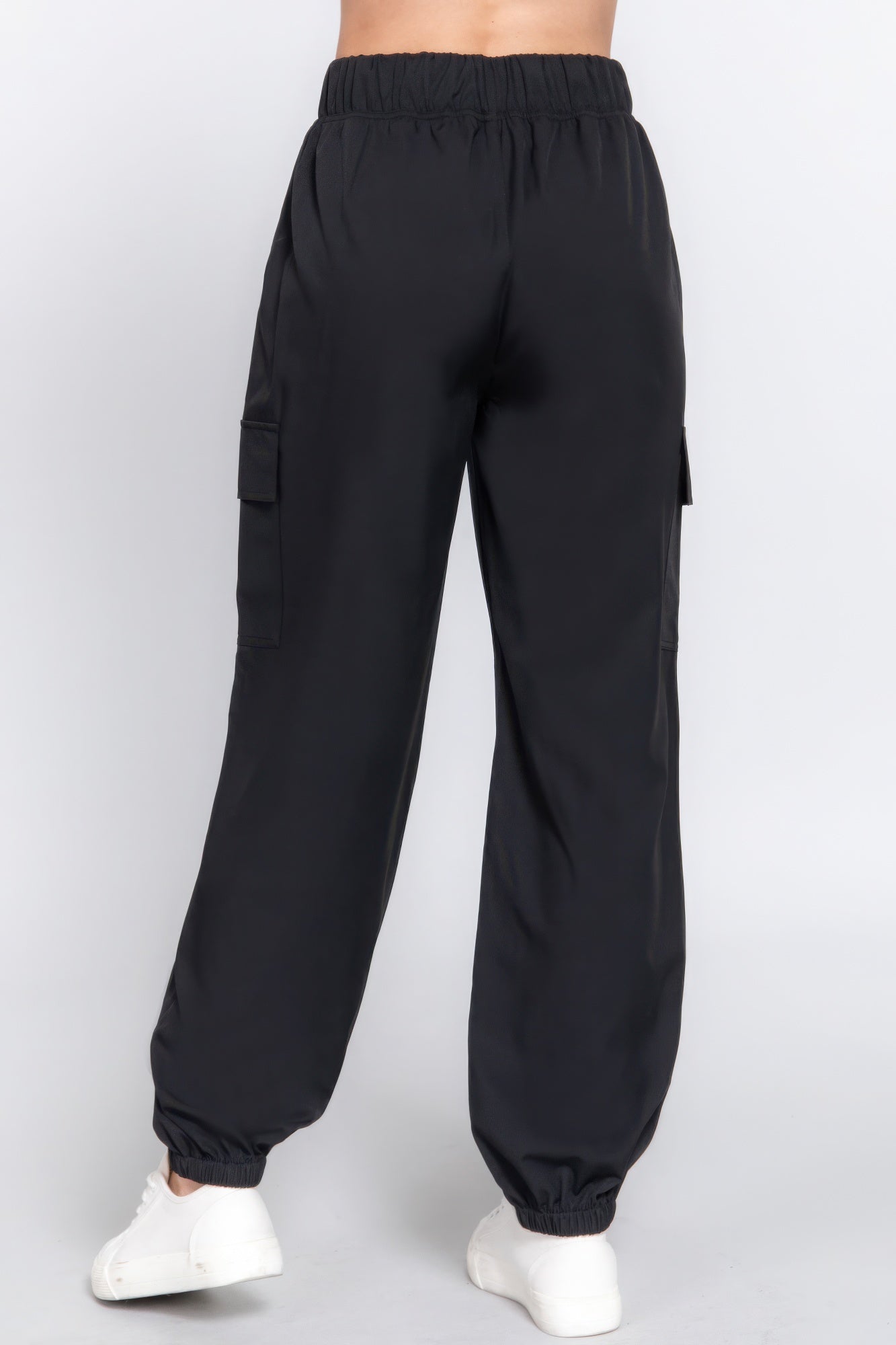 Lightweight stretch woven cargo jogger pants with trendy pockets, in black, perfect for casual wear and versatile styling.