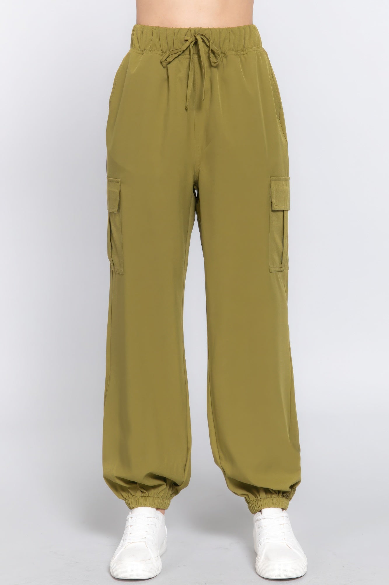 Lightweight stretch woven cargo jogger pants in olive green with trendy pockets, perfect for casual wear and on-the-go comfort.