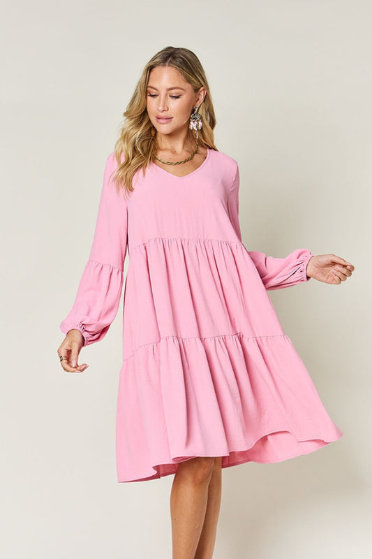 Pink V-Neck Balloon Sleeve Tiered Dress with Pockets and Ruffles