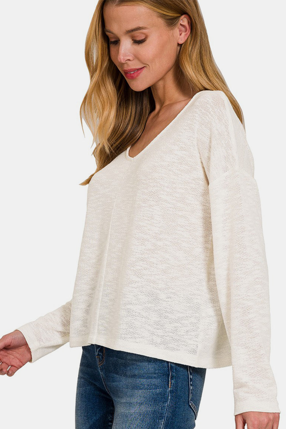 V-Neck Dropped Shoulder Long Sleeve T-Shirt