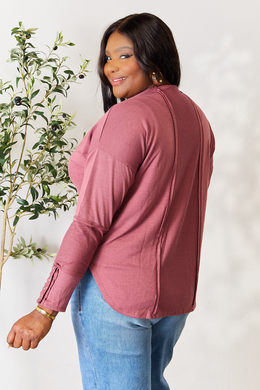 V-Neck Exposed Seam Long Sleeve Blouse