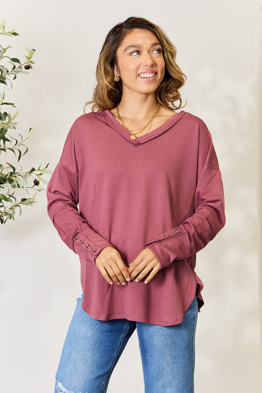 V-Neck Exposed Seam Long Sleeve Blouse