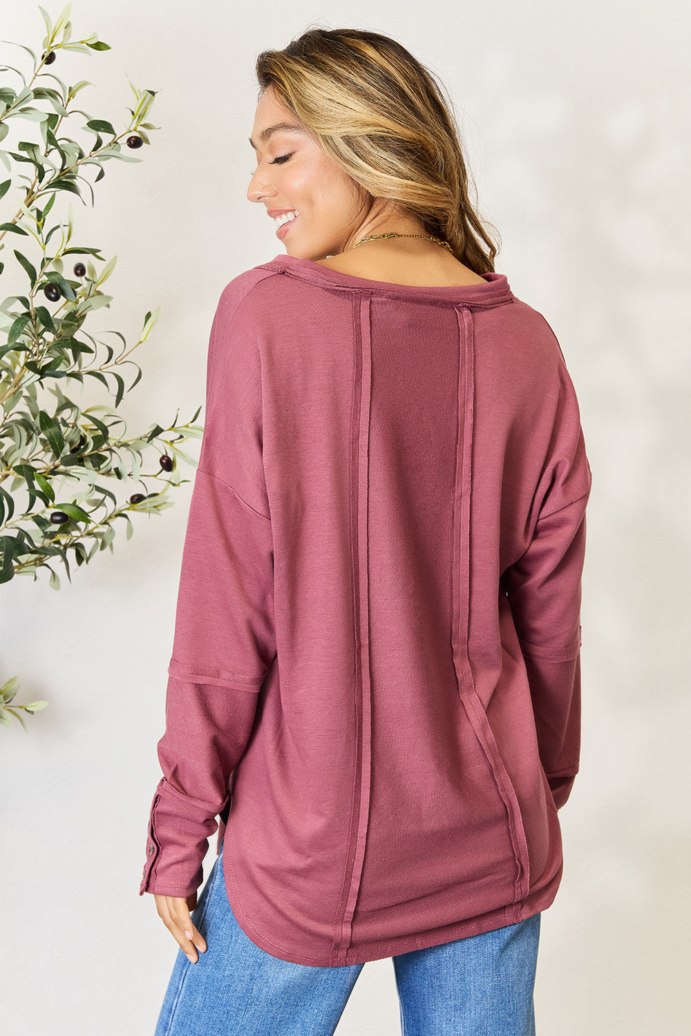 V-Neck Exposed Seam Long Sleeve Blouse