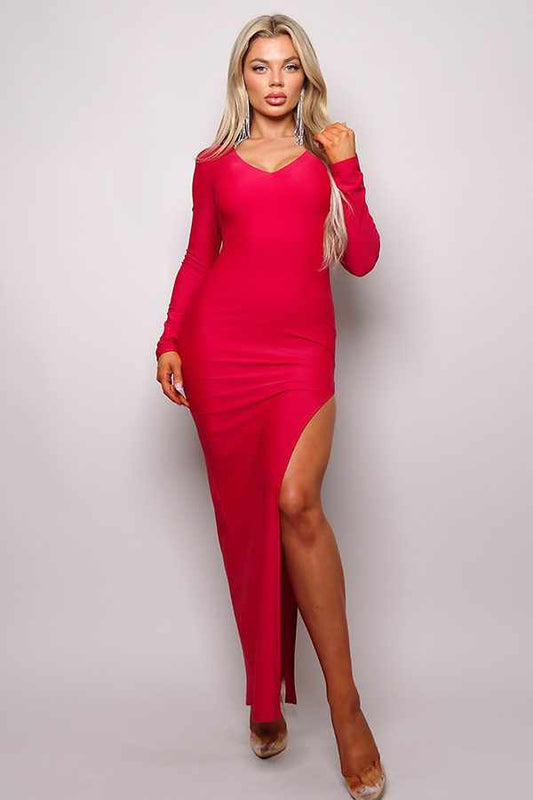 V-Neck Open Back Maxi Dress-Red