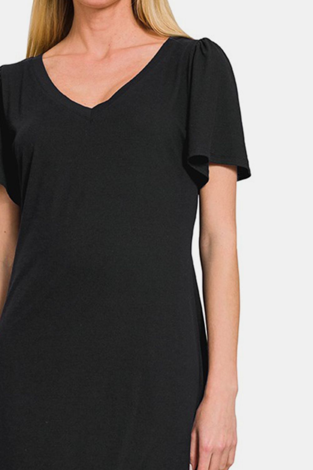 Black V-Neck Short Sleeve Dress with a Flattering Fit and Soft Stretch Fabric