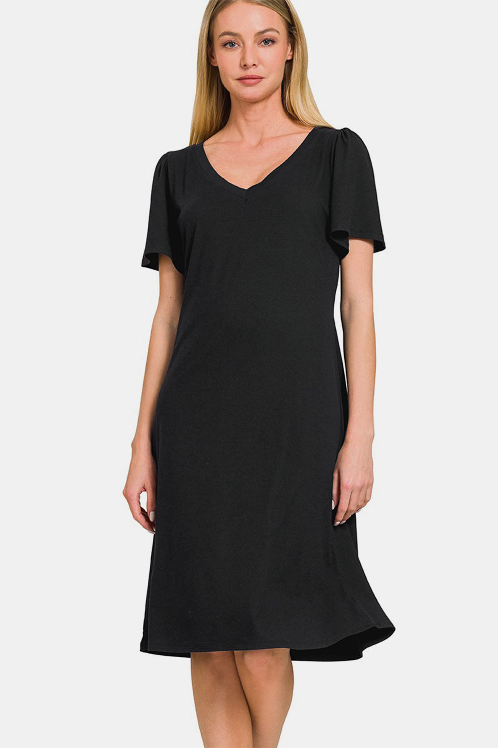 Effortless V-Neck Short Sleeve Dress in black, soft blend fabric, perfect for casual or formal occasions with a flattering fit.