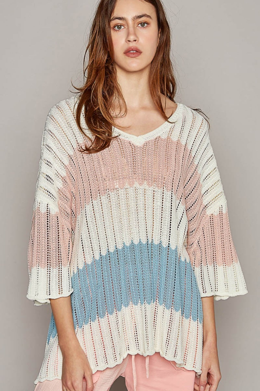 V-Neck Short Sleeve Stripe Weave Sweater