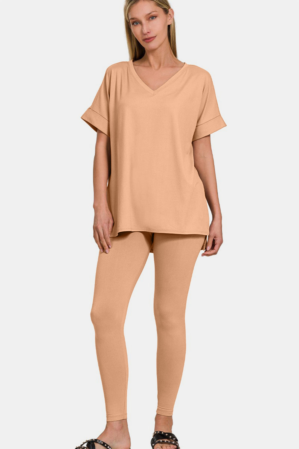 V-Neck Rolled Short Sleeve T-Shirt and Leggings Lounge Set in beige, featuring a chic and comfy style for casual wear.