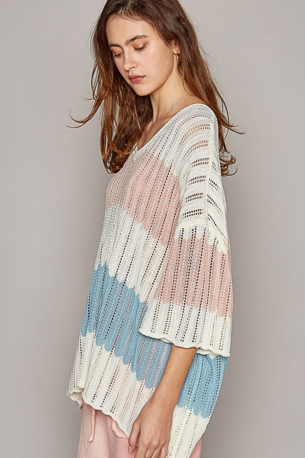 V-Neck short sleeve stripe weave sweater with openwork design, 100% acrylic, featuring a blend of pastel colors for a stylish look.