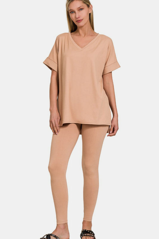 V-Neck Rolled Short Sleeve T-Shirt and Leggings Lounge Set in beige, showcasing casual elegance and a comfortable fit.