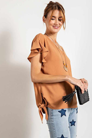V Neckline Wing Sleeves Woven Top-Camel