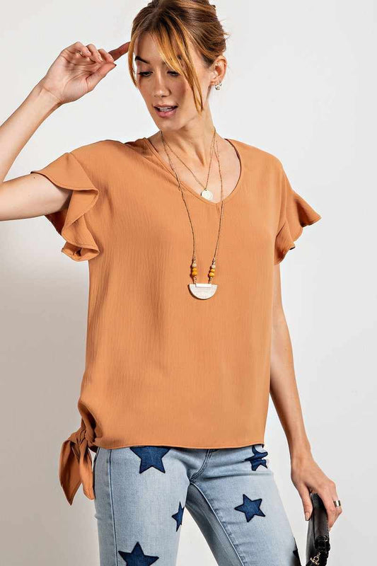 V Neckline Wing Sleeves Woven Top-Camel