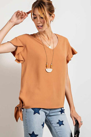 V Neckline Wing Sleeves Woven Top-Camel