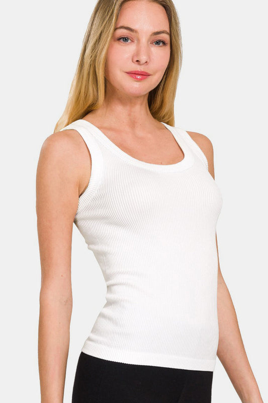 Woman wearing white 2 way neckline washed ribbed tank top with moderate stretch, composed of 90% nylon and 10% spandex, front view