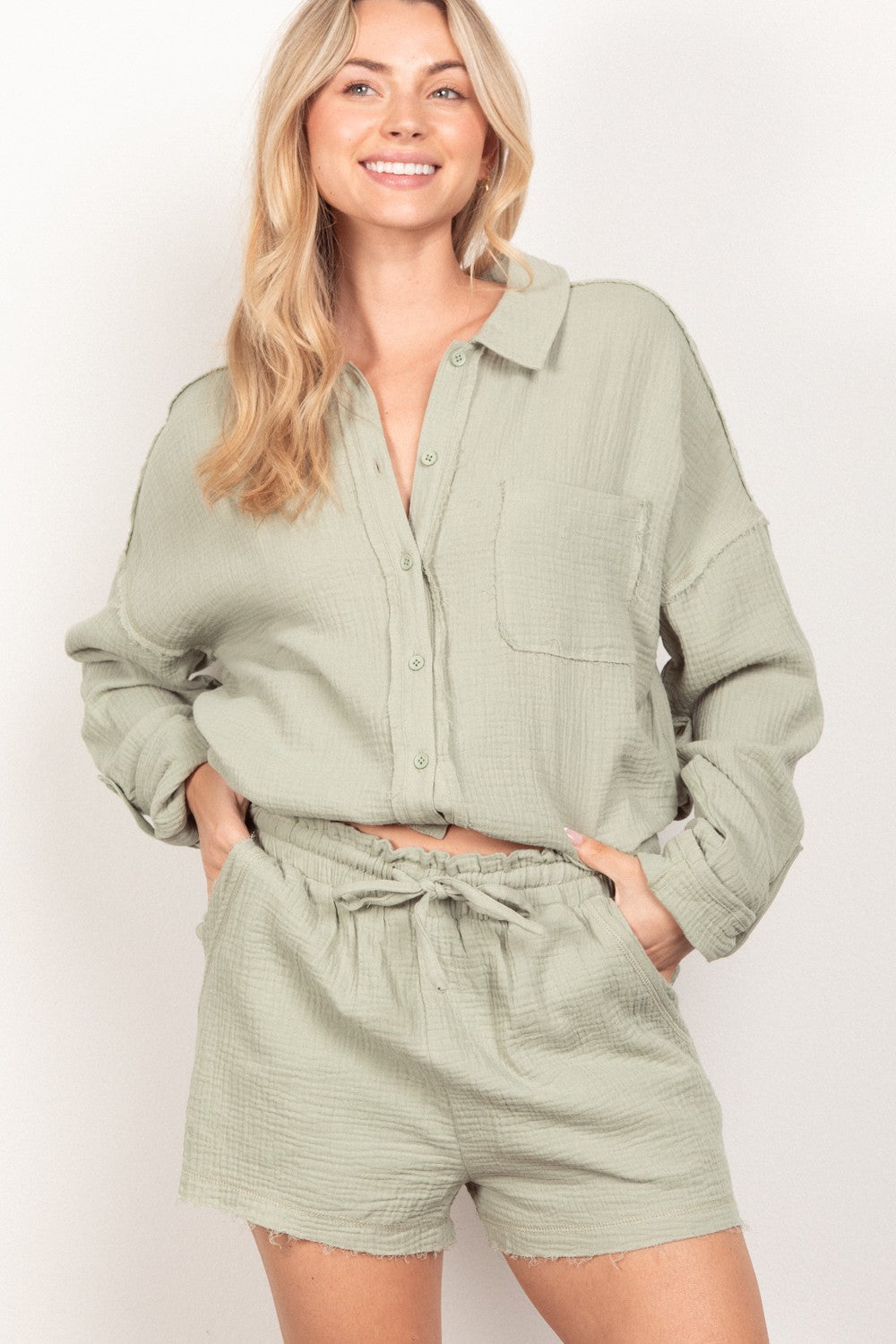 VERY J Women's Texture Button Up Shirt & Drawstring Sage Shorts Set