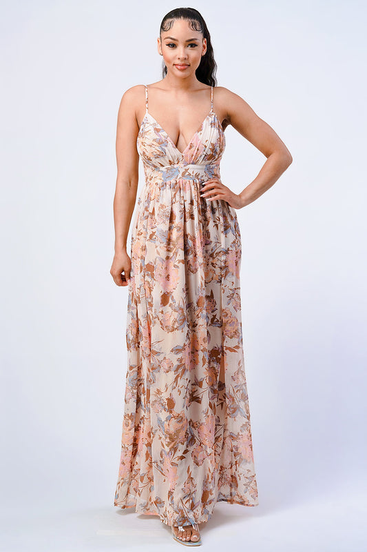 Vintage blush chiffon floral fit and flare maxi dress with smocked design. Model is 5'8" wearing a size small.