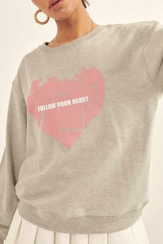 Vintage-style Heart Graphic Print French Terry Knit Sweatshirt-Heather