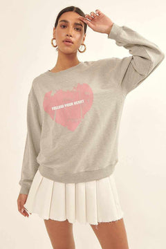 Vintage-style Heart Graphic Print French Terry Knit Sweatshirt-Heather