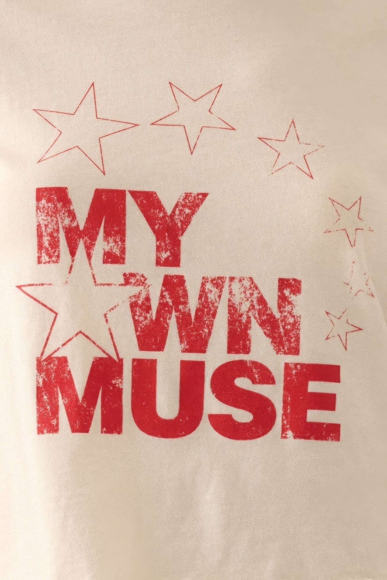 Vintage ivory cropped tee with red "My Own Muse" graphic and star design, trendy wash for a worn-in look.