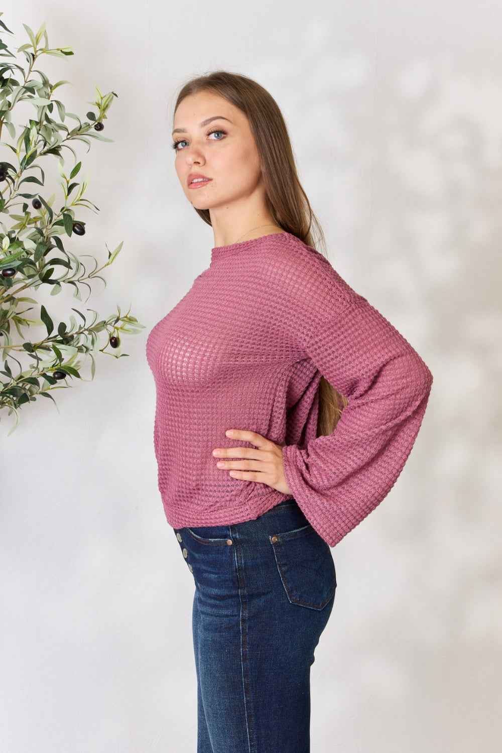 Waffle-Knit Round Neck Long Sleeve Blouse