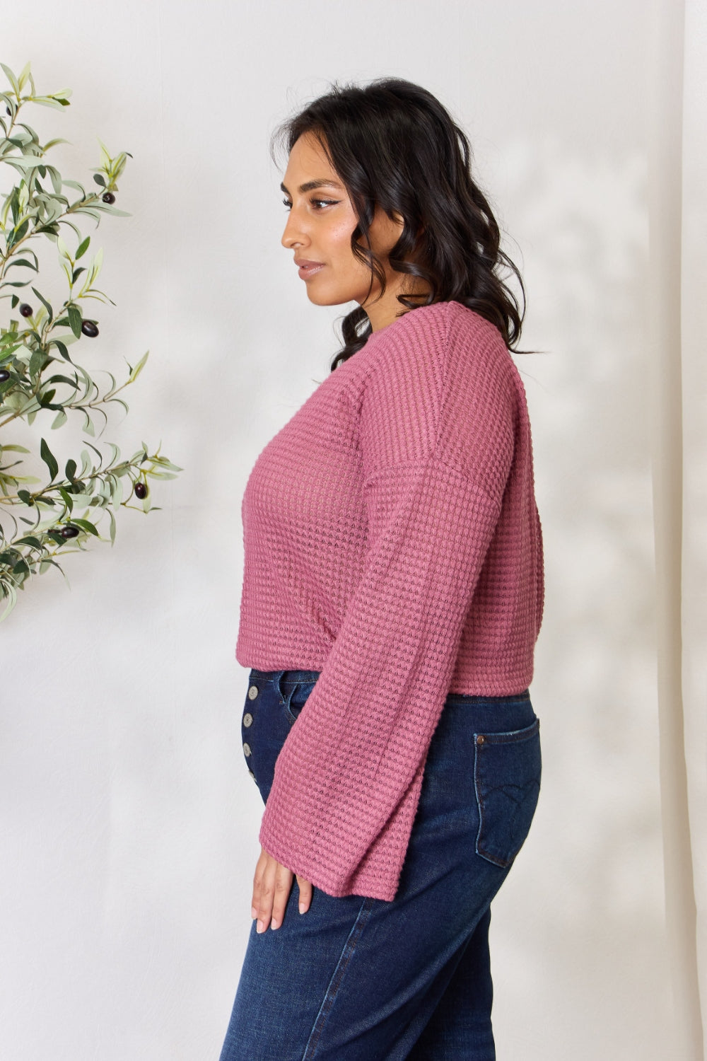 Waffle-Knit Round Neck Long Sleeve Blouse