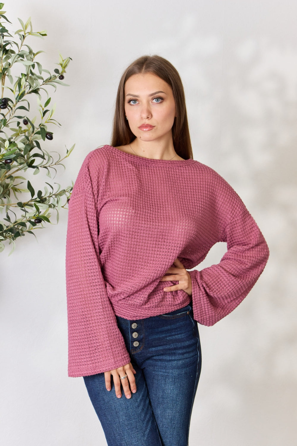 Waffle-Knit Round Neck Long Sleeve Blouse