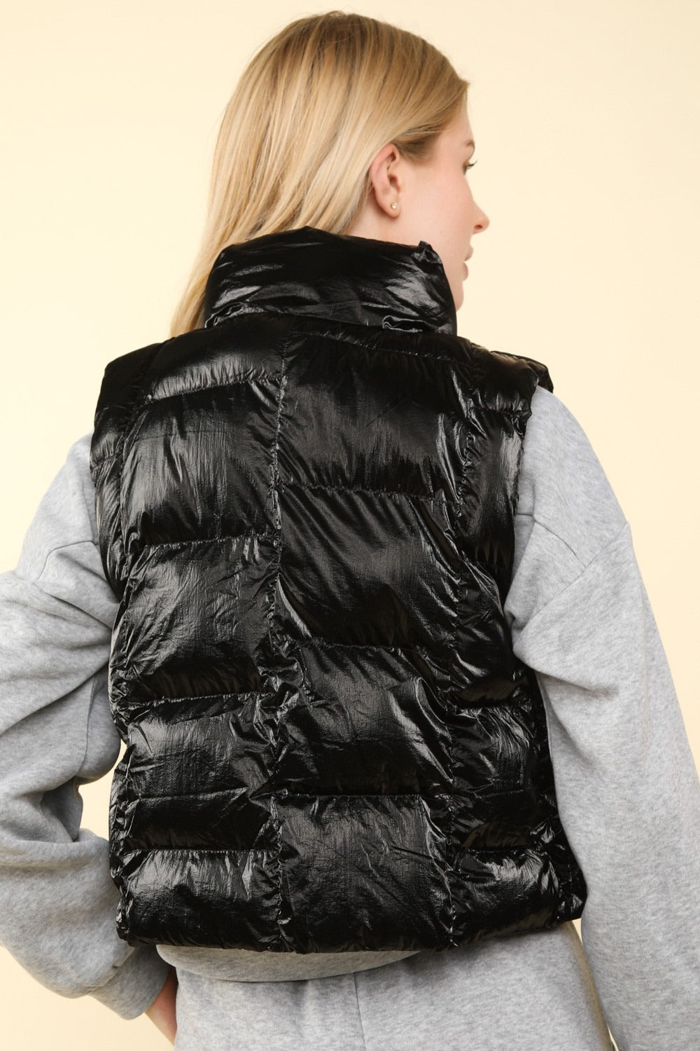 Warm & Lightweight Women's Black Metallic Puffer Vest | High Neck