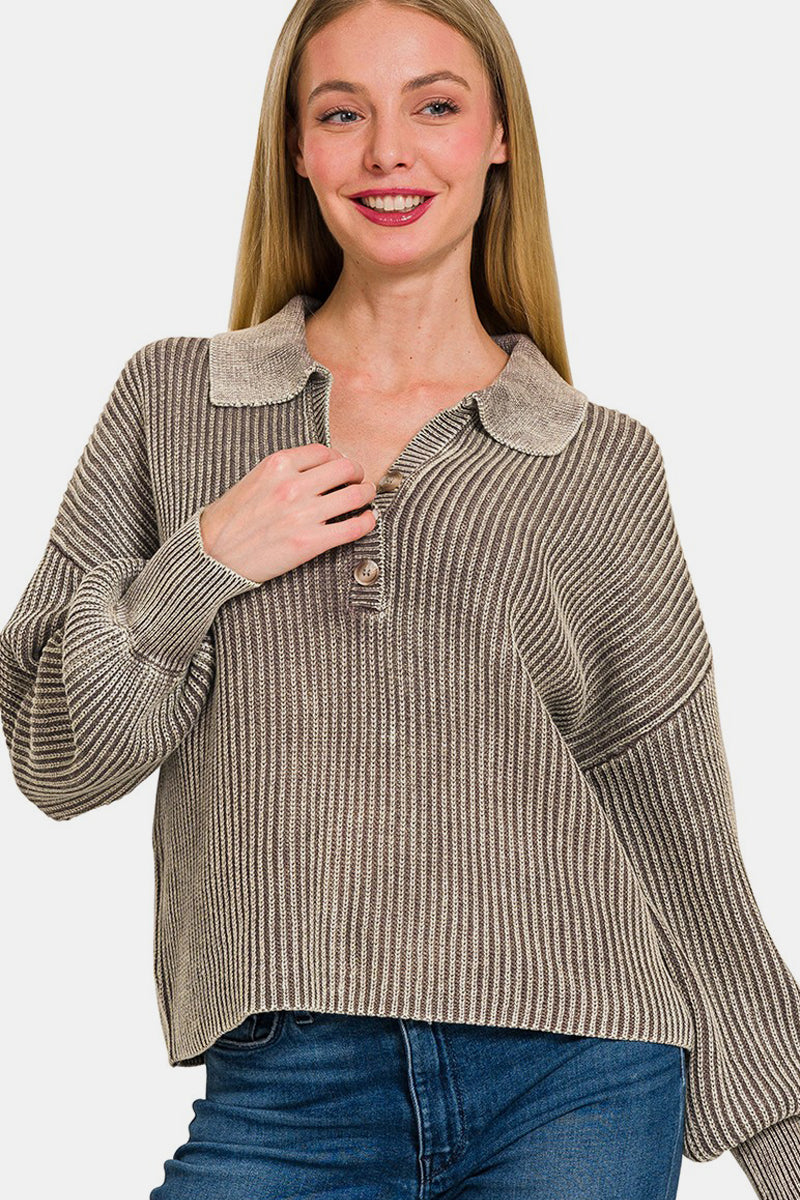 Woman wearing a washed half button long sleeve sweater made of 100% cotton with a slight stretch.