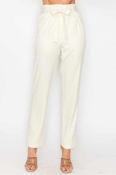 High-rise Belted Paperbag Pants-Cream