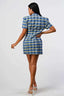 Wide Collared Plaid Blazer Mini Dress-Blue