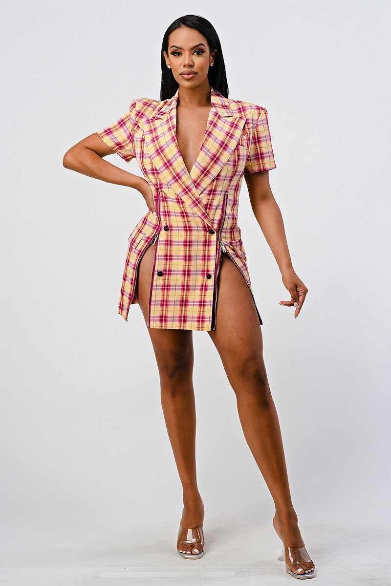 Wide Collared Plaid Blazer Mini Dress-Pink