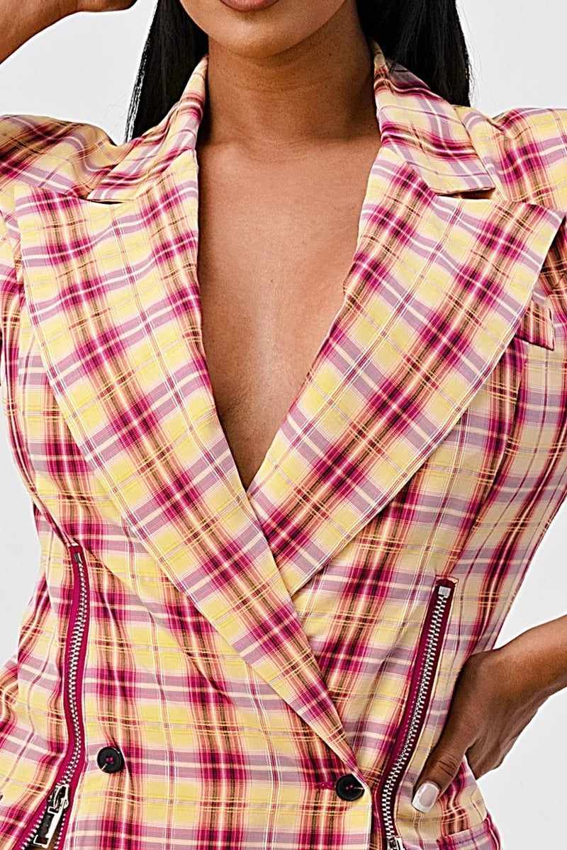 Wide Collared Plaid Blazer Mini Dress-Pink